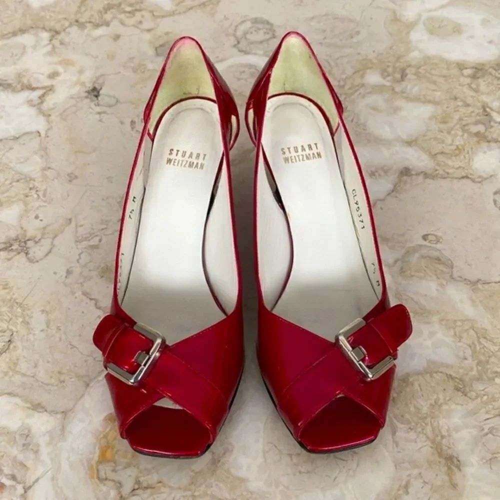 Stuart Weitzman RedโPatent Leather Peep Toe Wedge HeelโPumps
